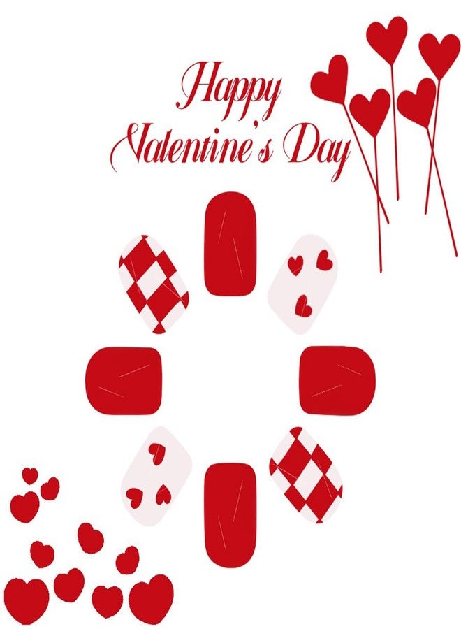 HJKDSFD Short Valentine Press on Nails Square Fake Nails Red Heart Acrylic Checkerboard False Nails with Designs Short Square Glue on Nail Cute Glossy Holiday Artificial Nail for Women Girls 24Pcs - Image 4
